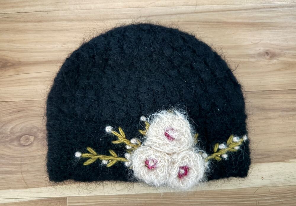 French Knot Mae Mohair Blend Cloche Hat - Embroidered Floral - Like New